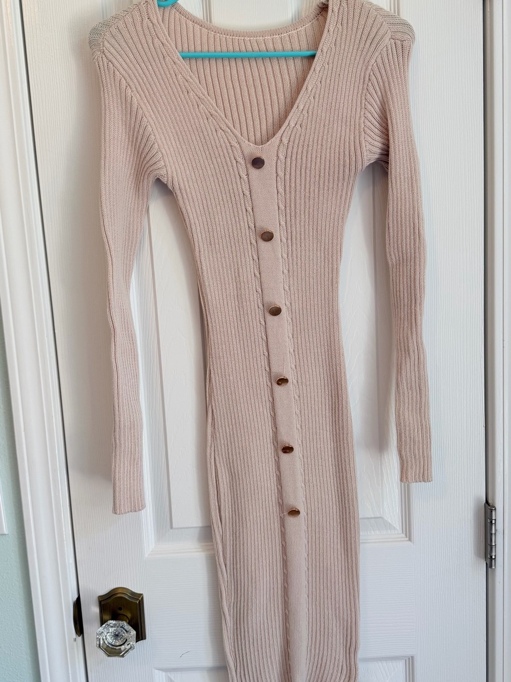 Ribbed Button-Front Knit Sweater Dress - Blush